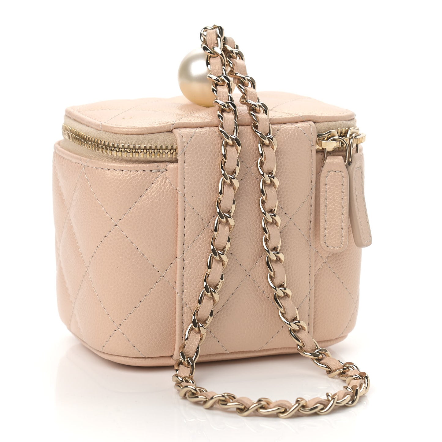 Iridescent Caviar Quilted Mini Pearl On Top Vanity Case With Chain Beige