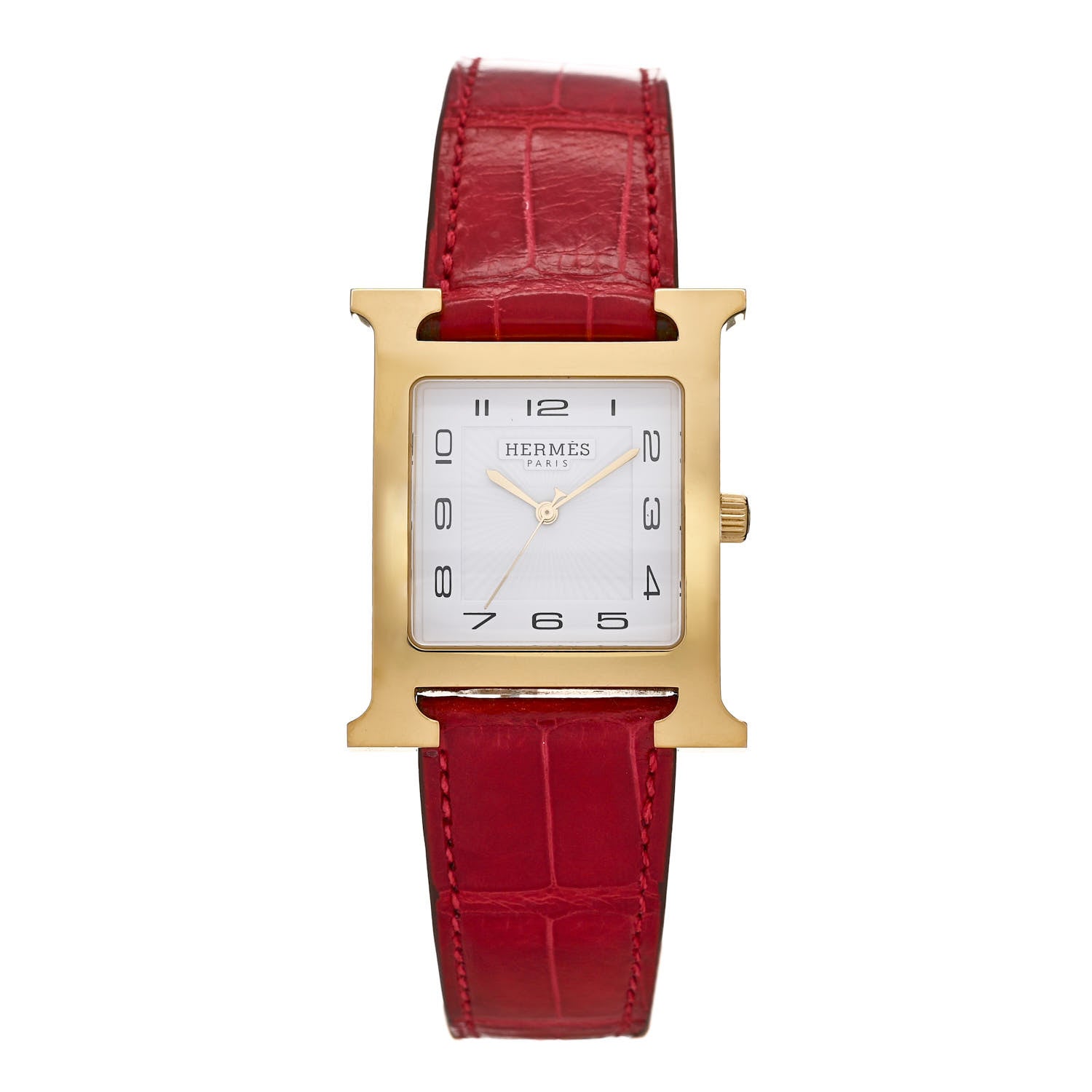 Hermes Stainless Steel Alligator 30.5mm Heure H Hour Quartz Watch Rouge Casaque 1 of 4
