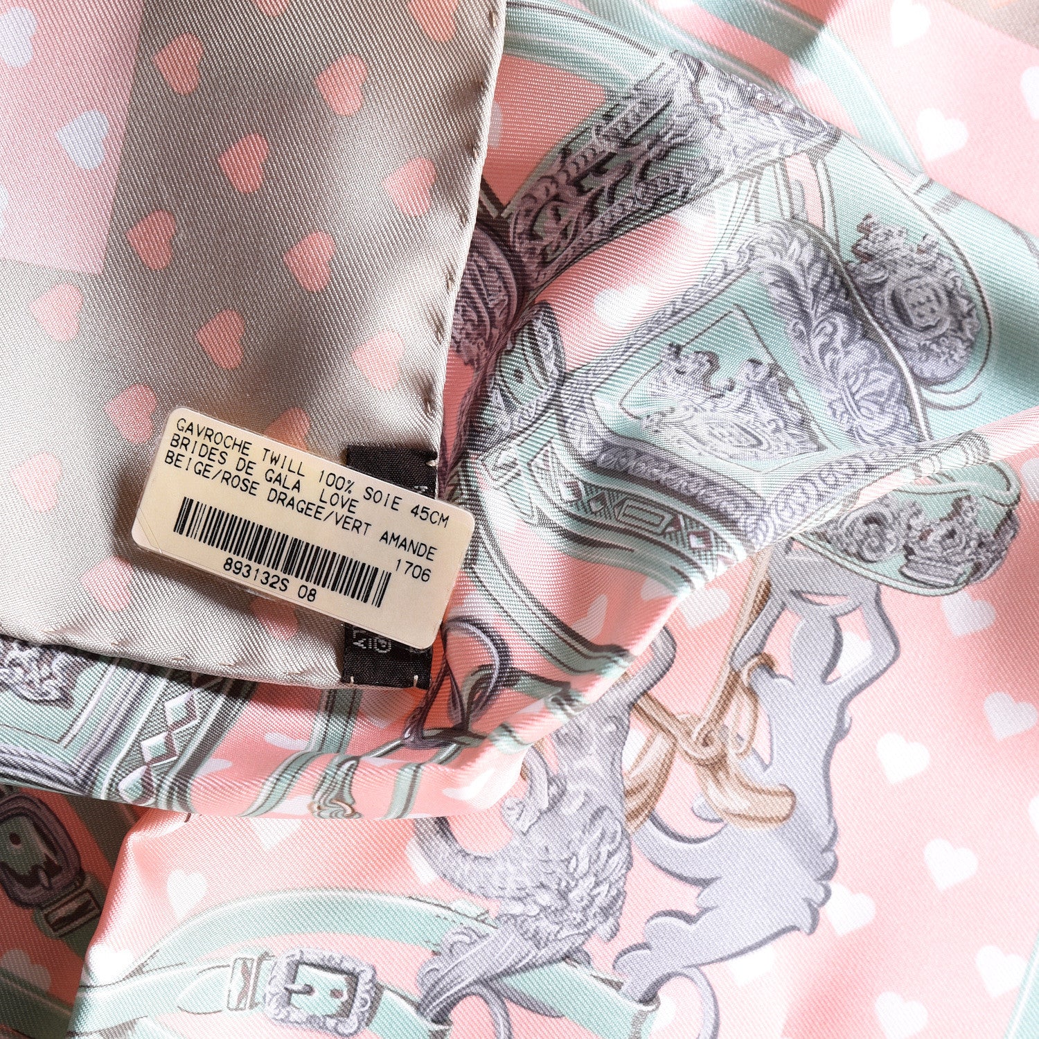 Hermes Silk Brides De Gala Love Pocket Square Beige Rose Dragee Vert Amande 5 of 5