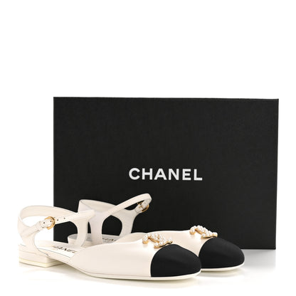 Chanel Lambskin Grosgrain Cap Toe Pearl CC Mary Jane Slingback Flats 38 Black White 10 of 10