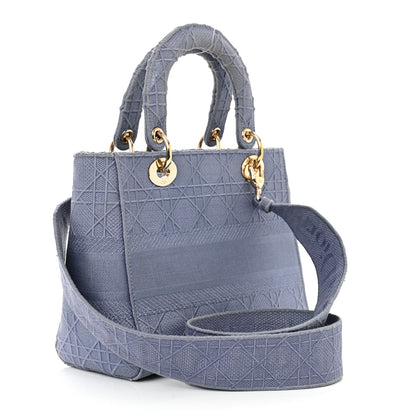 Christian Dior Canvas Embroidered Cannage Medium Lady D-Lite Blue 3 of 12