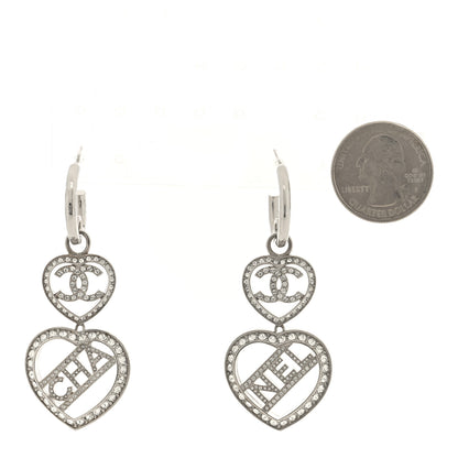 Chanel Crystal Metal CC Heart Drop Hoop Earrings Silver 1 of 3