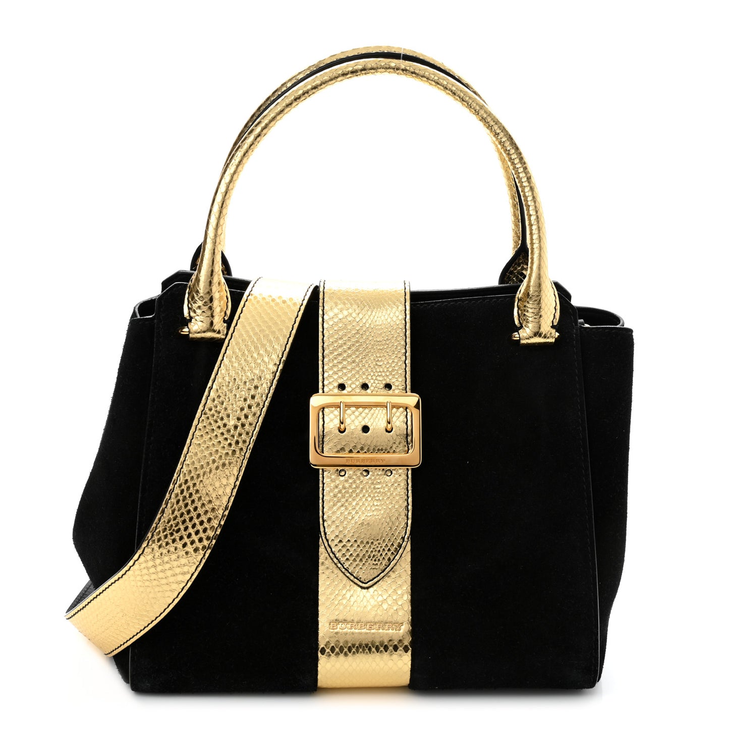 Suede Calfskin Watersnake Medium Buckle Tote Black Gold