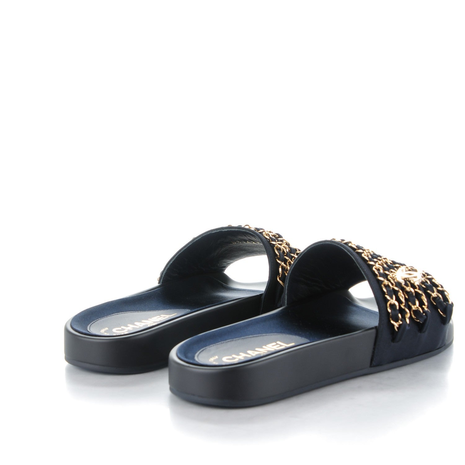 Chanel Lambskin Canvas Chain Flat Sandals 37 Marine 4 of 7