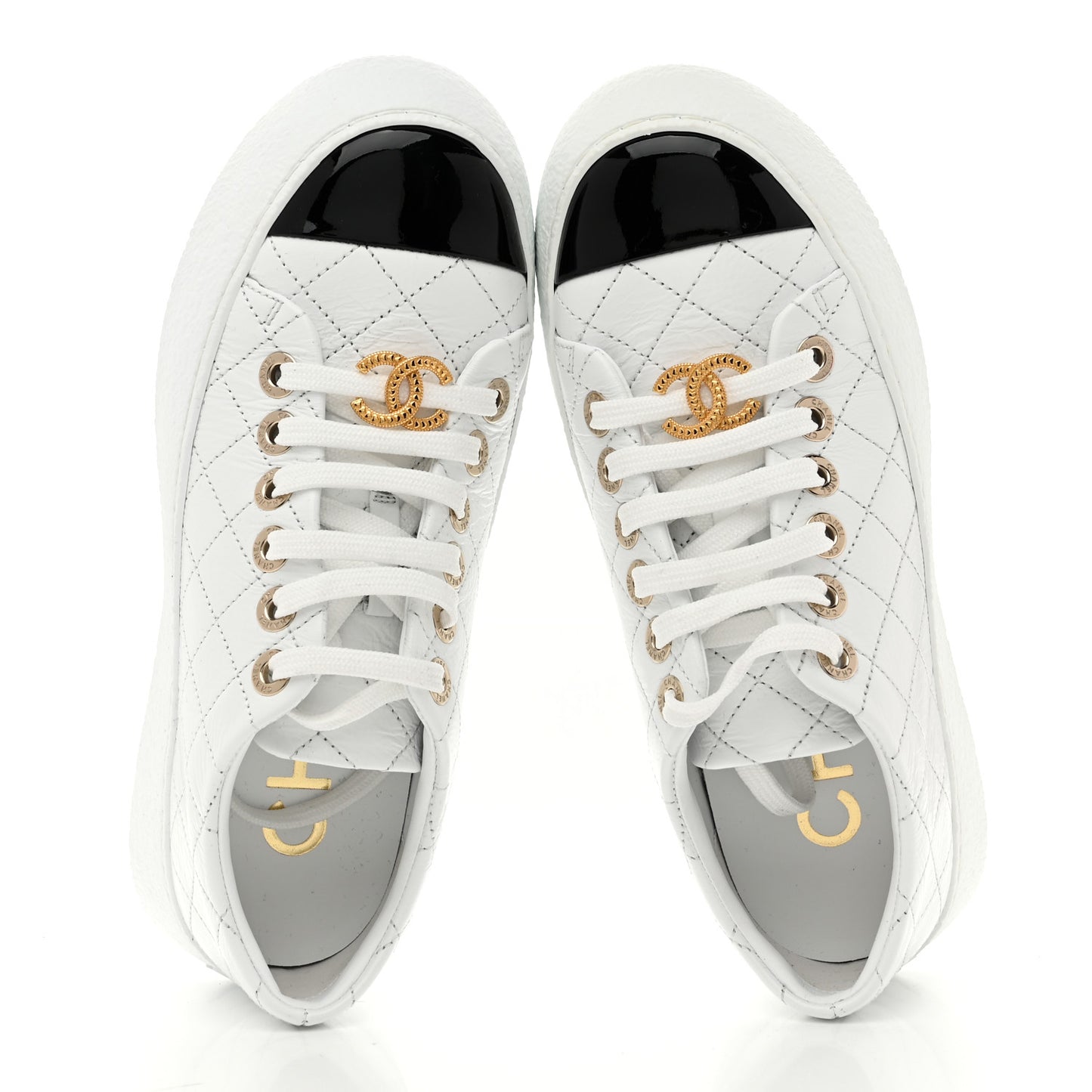 Crumpled Lambskin Patent Cap Toe CC Stitched Sneakers 35.5 White Black