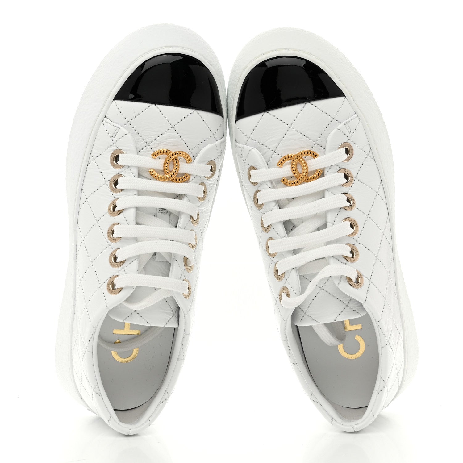 Chanel Crumpled Lambskin Patent Cap Toe CC Stitched Sneakers 35.5 White Black 2 of 10