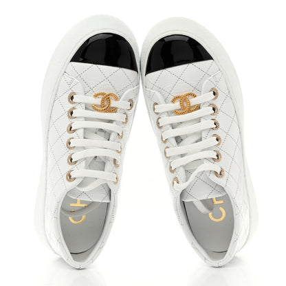Chanel Crumpled Lambskin Patent Cap Toe CC Stitched Sneakers 35.5 White Black 2 of 10