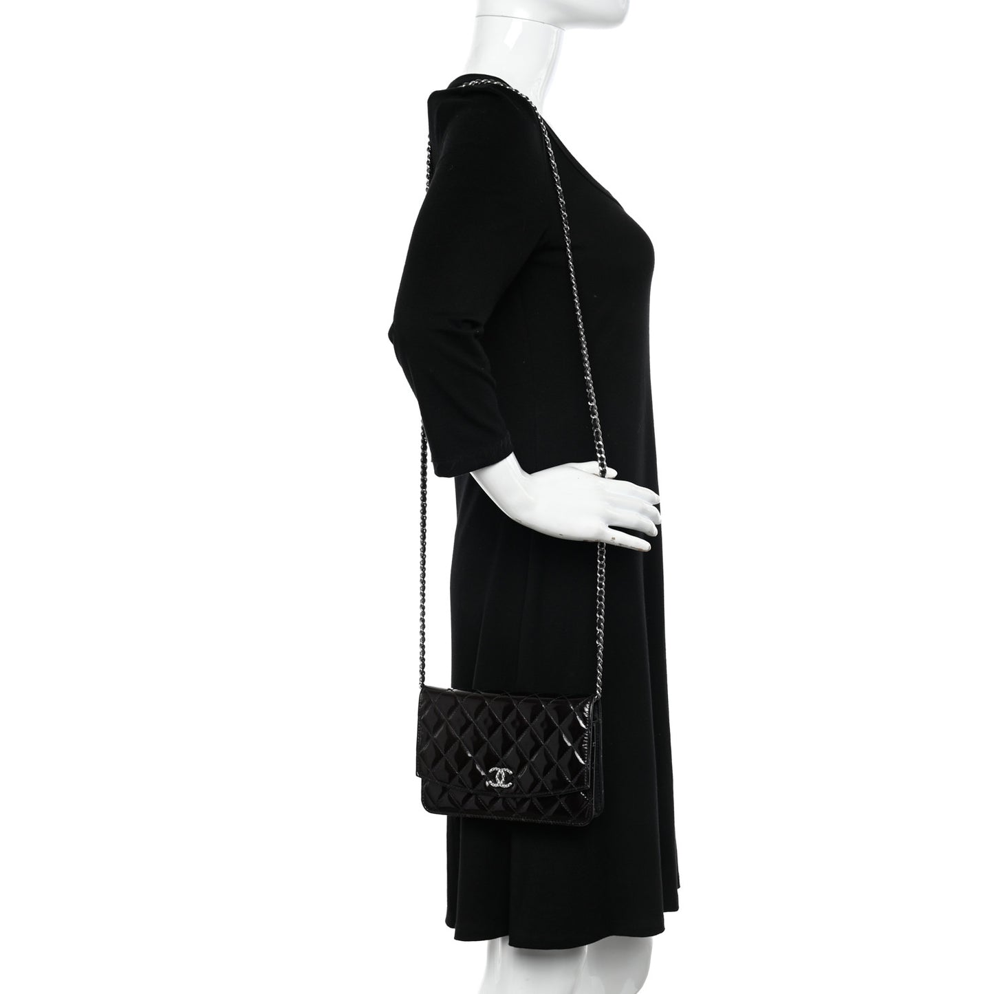 Patent Quilted Brilliant Wallet On Chain WOC Black