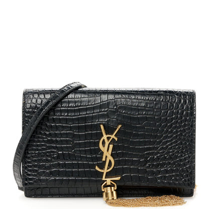 Saint Laurent Calfskin Crocodile Embossed Kate Monogram Tassel Chain Wallet Black 1 of 12