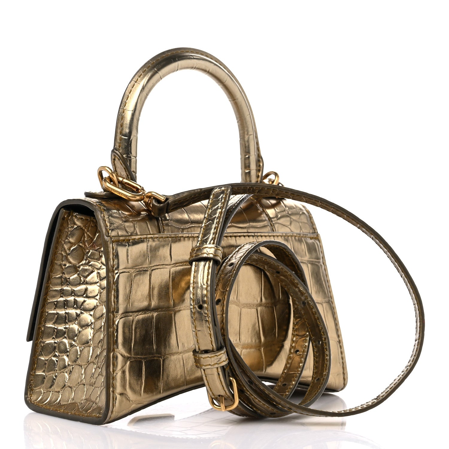 Balenciaga Metallic Calfskin Crocodile Embossed Hourglass Top Handle Bag XS Gold 3 of 14