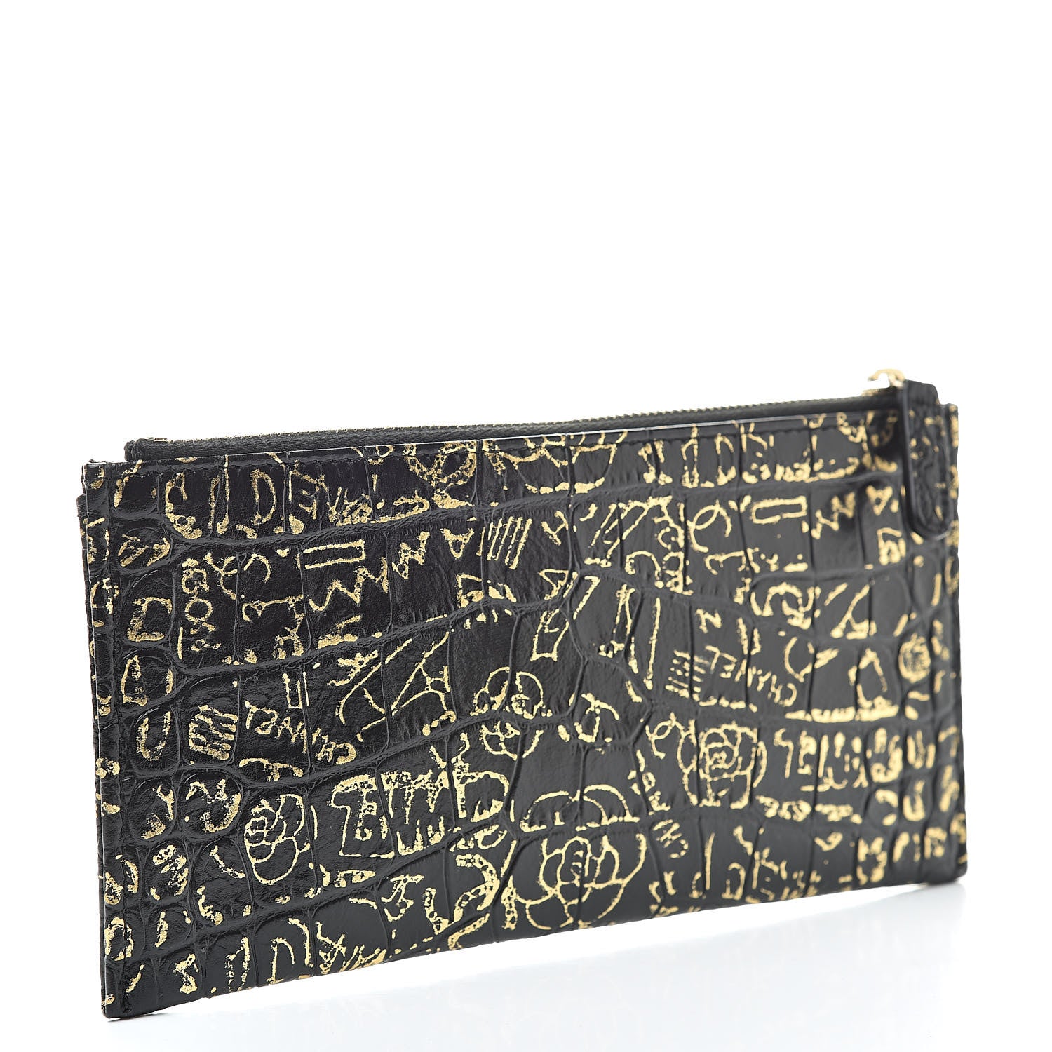 Chanel Calfskin Crocodile Embossed Graffiti 2.55 Cocodile Reissue Zip Pouch Black Gold 3 of 8