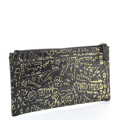 Chanel Calfskin Crocodile Embossed Graffiti 2.55 Cocodile Reissue Zip Pouch Black Gold 3 of 8