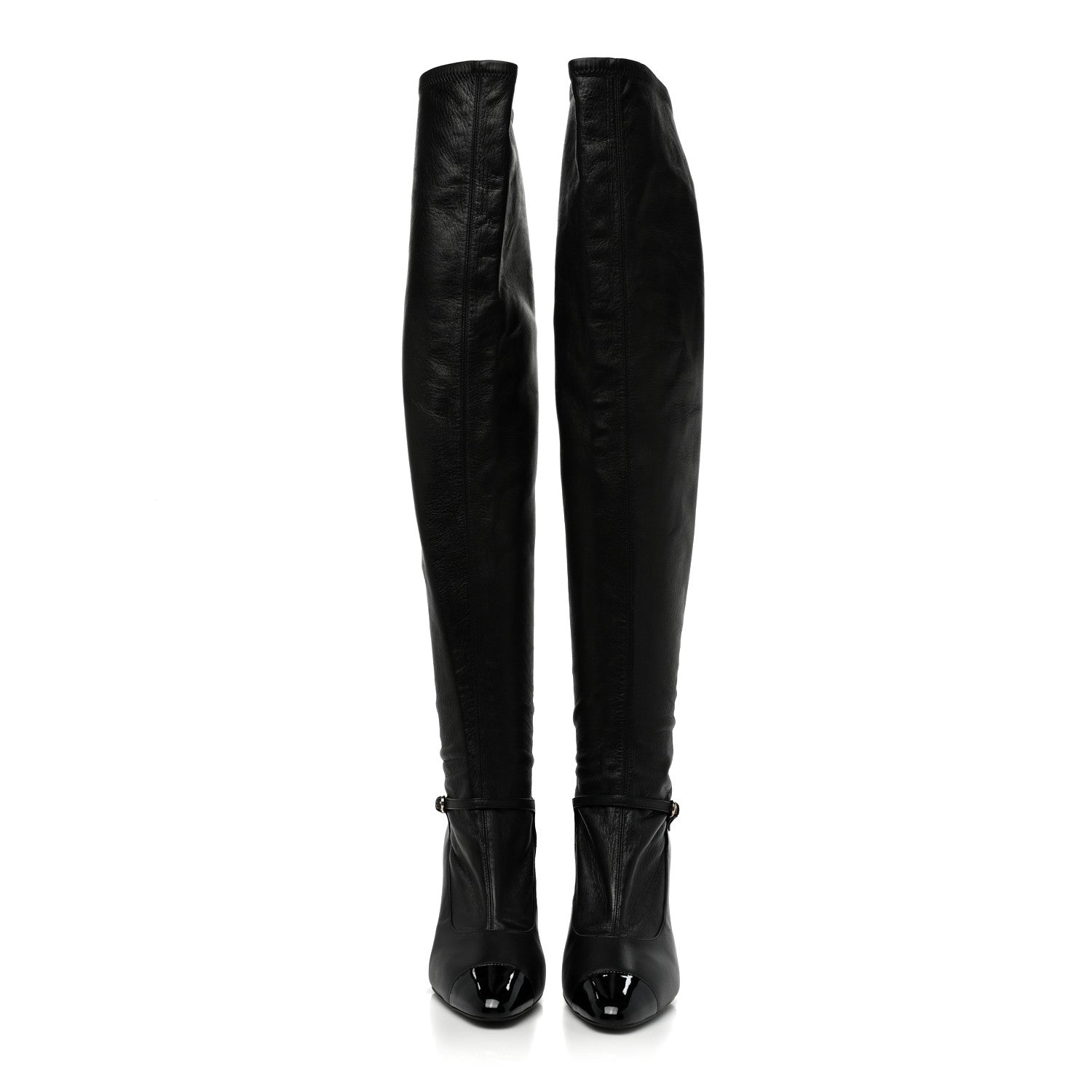 Chanel Calfskin Patent Cap Toe Pearl High Boots 38.5 Black 2 of 9