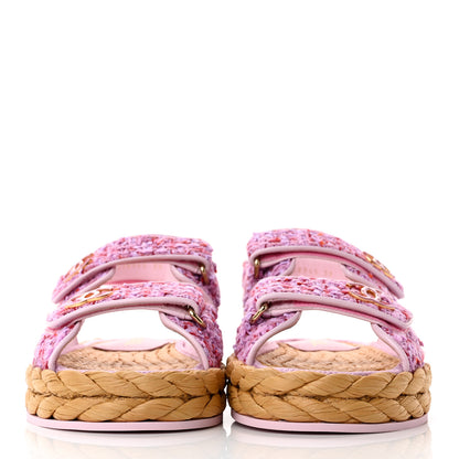 Chanel Tweed Patent Calfskin Velcro Dad Sandals 39 Light Purple Pink Red 2 of 9