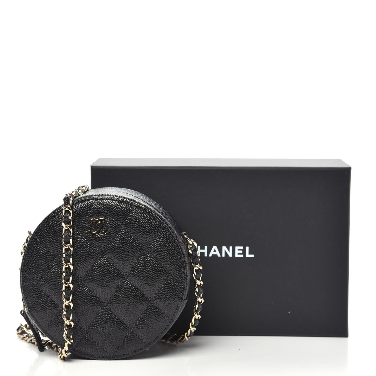 Caviar Quilted Round Clutch With Chain Black