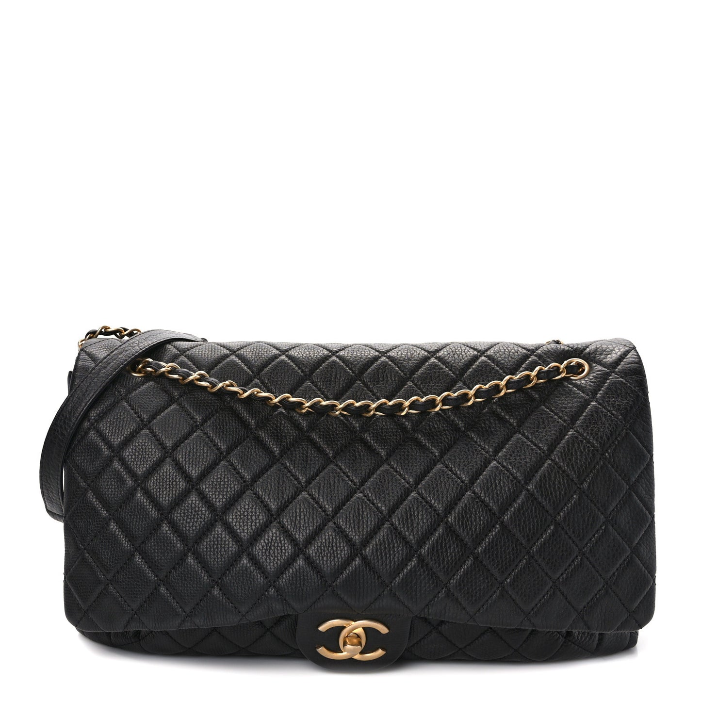 Calfskin Quilted XXL Travel Flap Bag Black