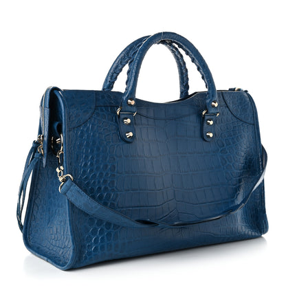Balenciaga Calfskin Crocodile Embossed Classic Silver Hardware City Bleu Marine 4 of 12
