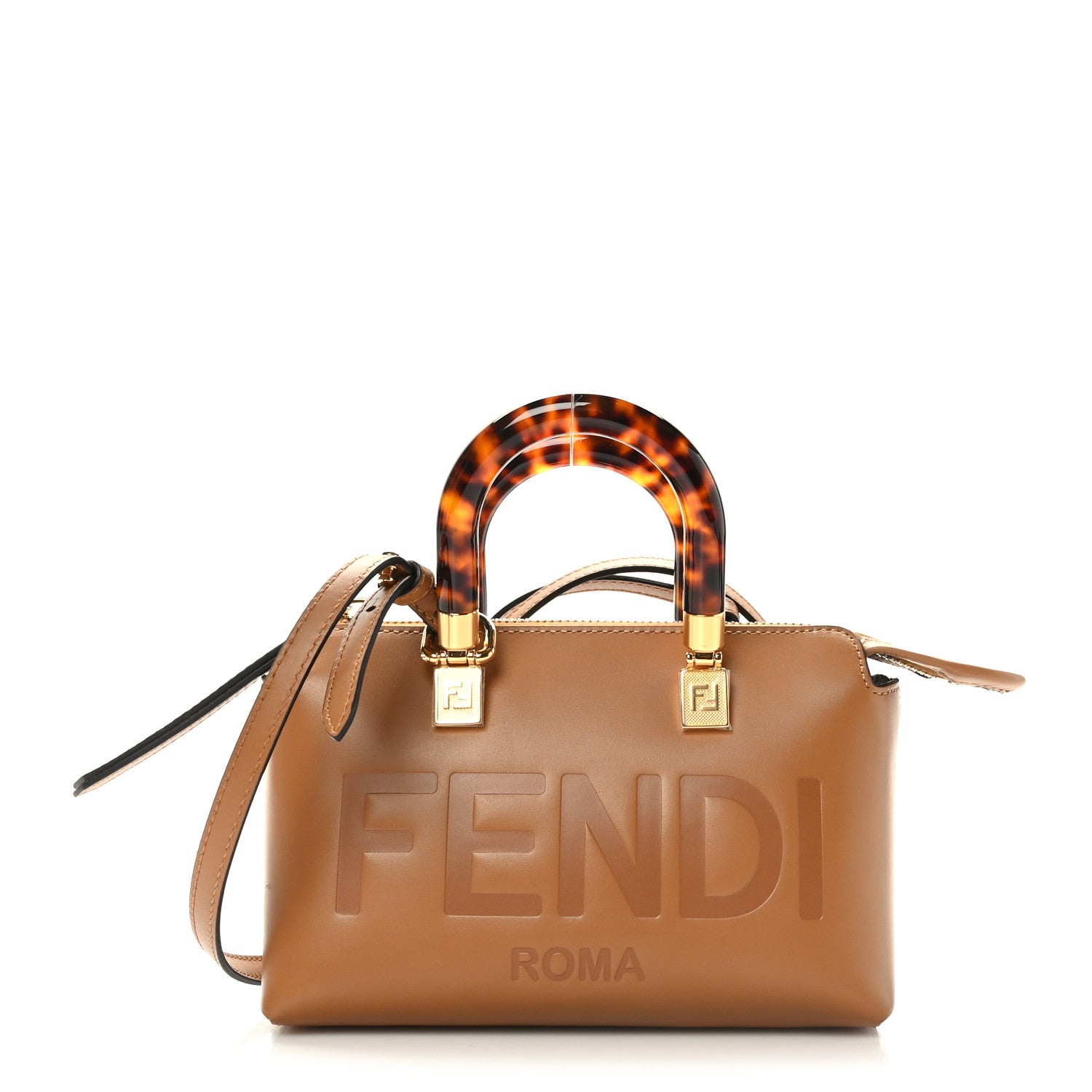 Fendi Vitello King Plexiglass Logo Embossed Mini By The Way Top Handle Boston Bag Caramello 1 of 9