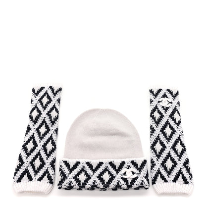 Chanel Cashmere Blend CC Beanie Hat With Gloves Set White Navy Blue 1 of 5