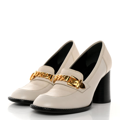 Gucci Goatskin Pebbled Calfskin Sylvie Chain Mid Heel Loafers 37.5 Mystic White 3 of 8