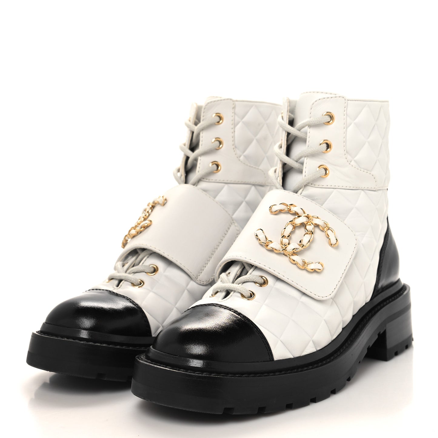 Calfskin Shiny Calfskin Quilted Lace Up Combat Boots 36 White Black