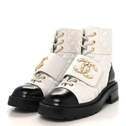 Chanel Calfskin Shiny Calfskin Quilted Lace Up Combat Boots 36 White Black 3 of 8