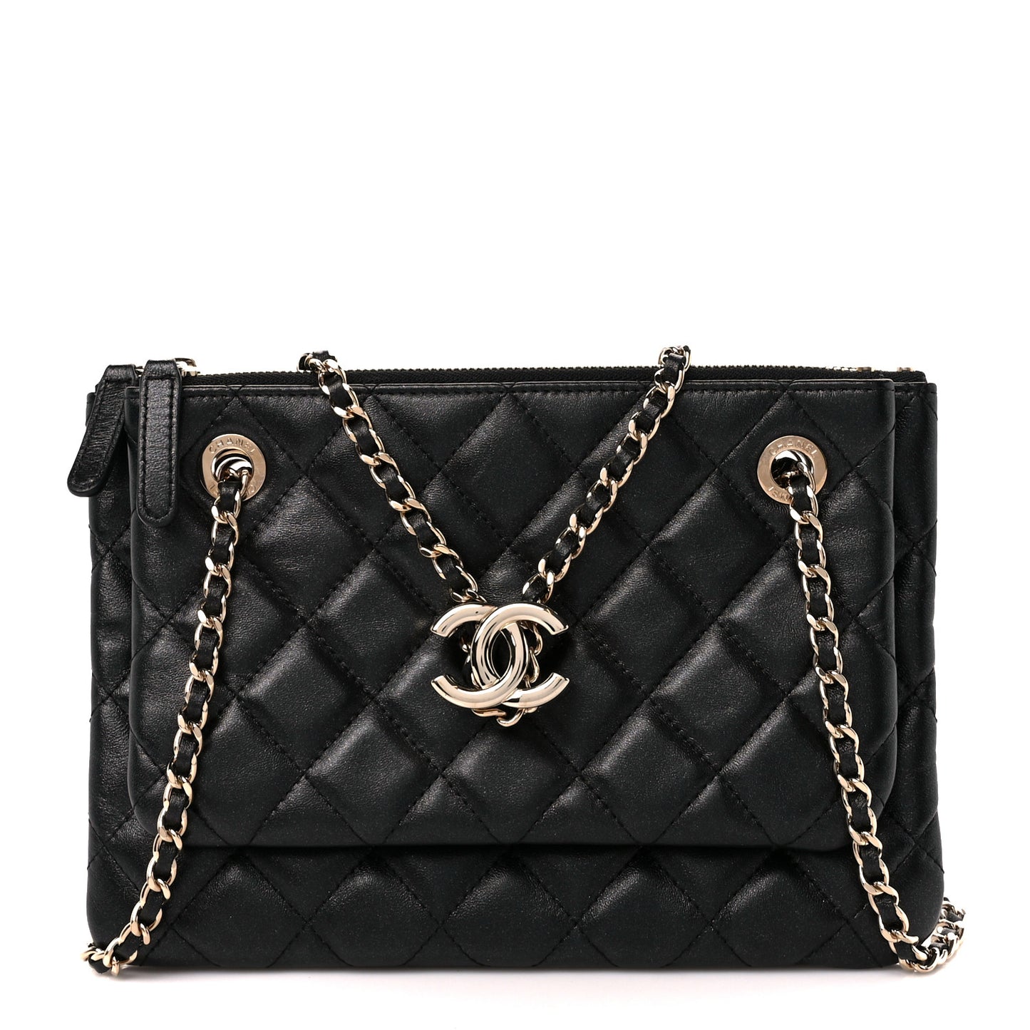 Shiny Lambskin Quilted Medium Double Case With Strap Black