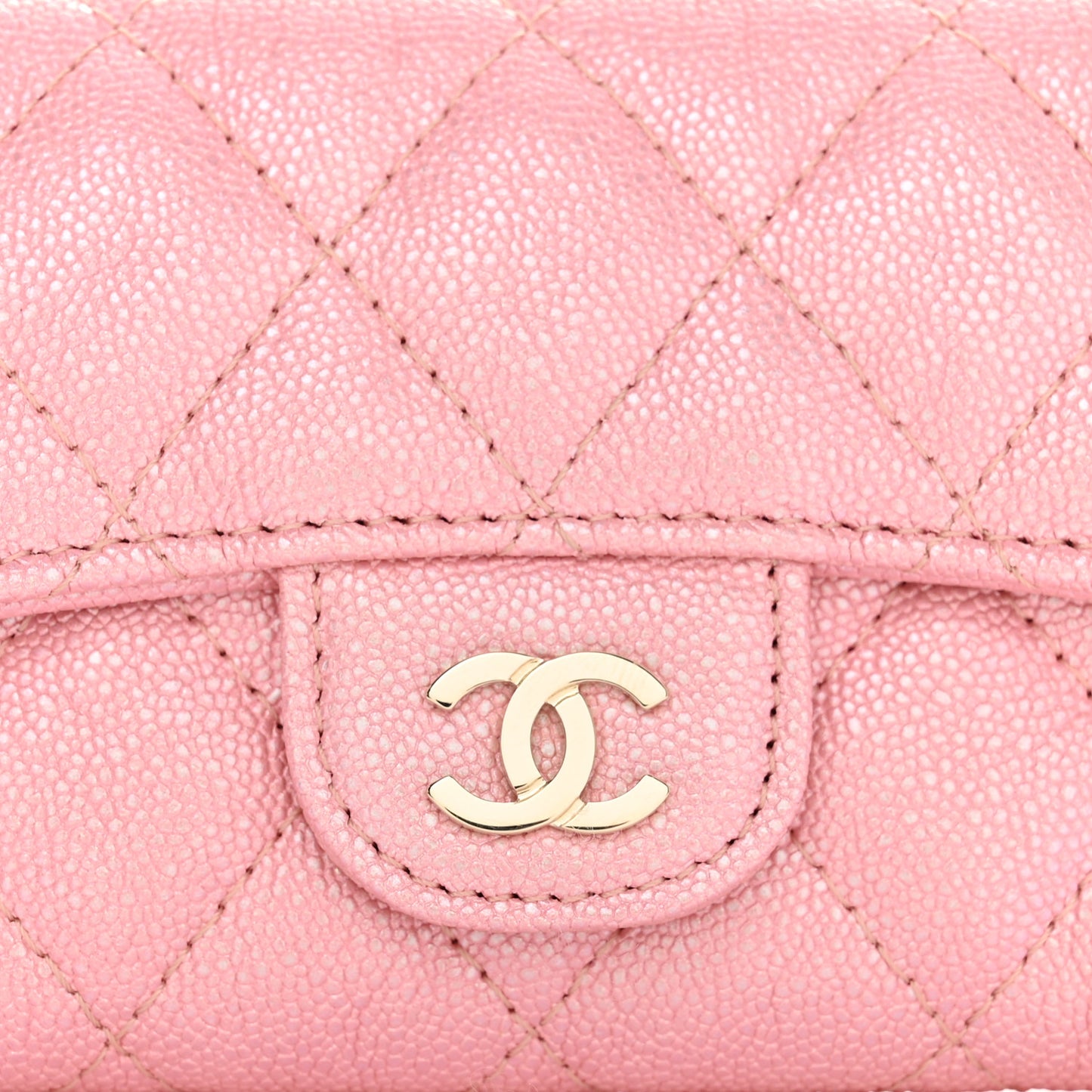 Iridescent Caviar Quilted Flap Card Holder Rose Pink