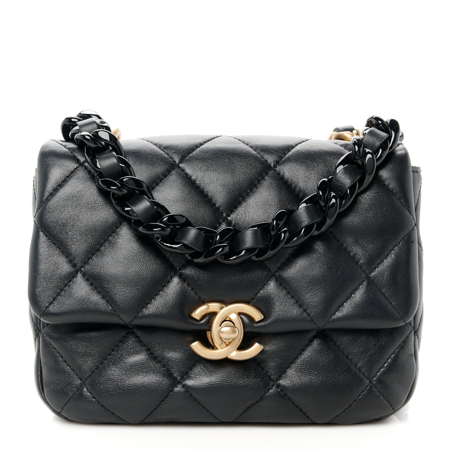 Lambskin Quilted Mini Lacquered Chain Flap Black
