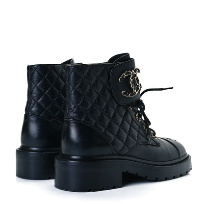 Chanel Shiny Goatskin Calfskin Quilted Lace Up Combat Boots 36.5 Black 4 of 9