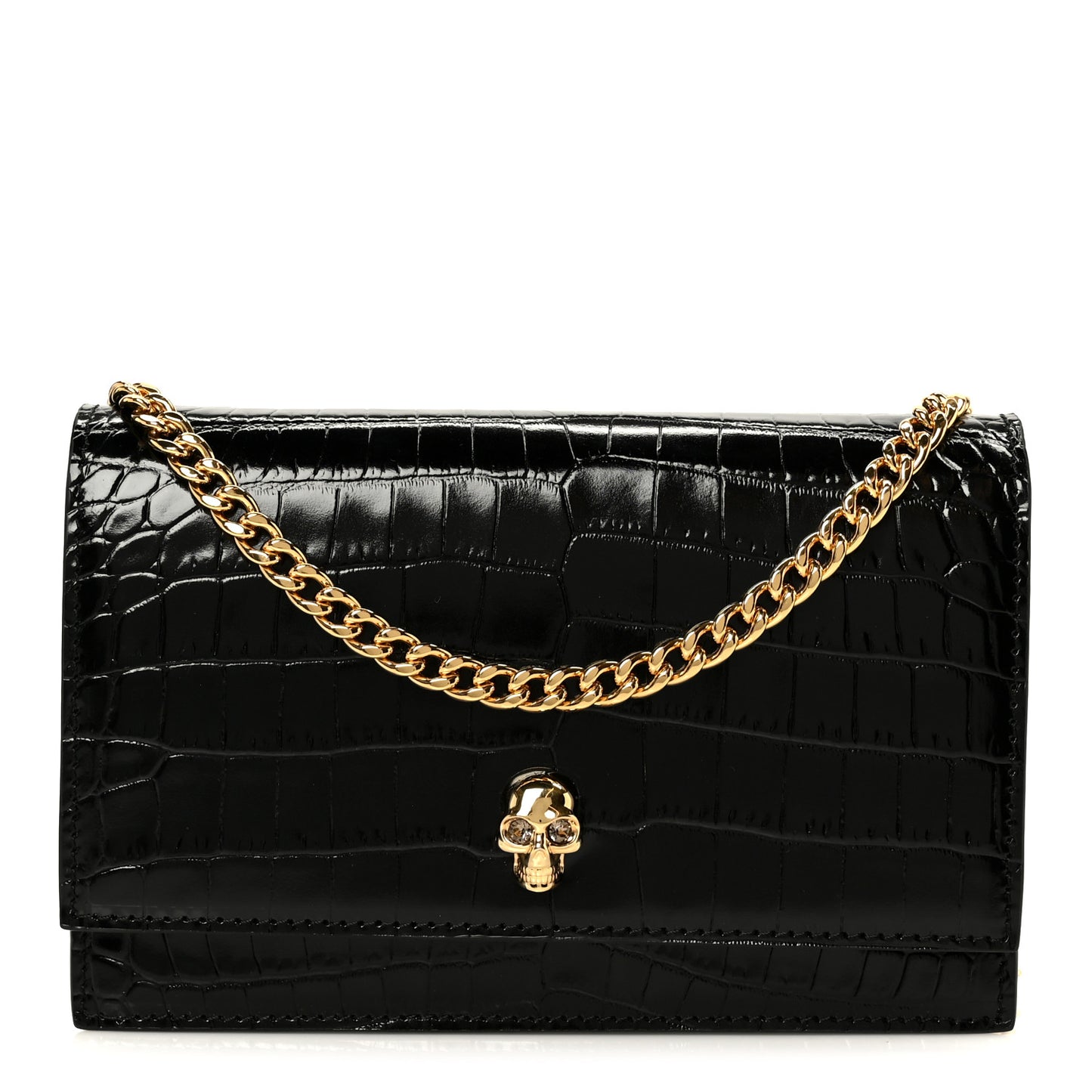 Calfskin Crocodile Embossed Skull Mini Shoulder Bag Black