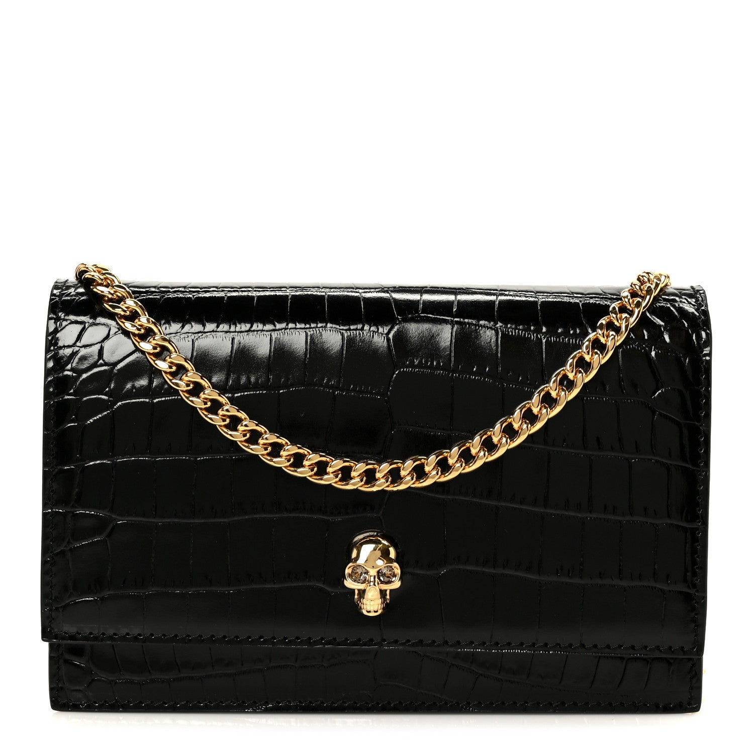 Alexander McQueen Calfskin Crocodile Embossed Skull Mini Shoulder Bag Black 1 of 10