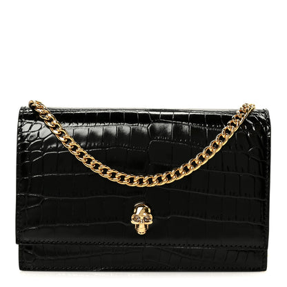 Alexander McQueen Calfskin Crocodile Embossed Skull Mini Shoulder Bag Black 1 of 10