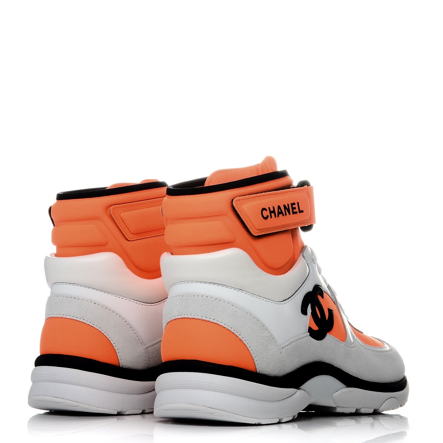 Chanel Suede Calfskin Lambskin Neoprene High Top CC Sneakers 36 White Fluo Orange 4 of 9