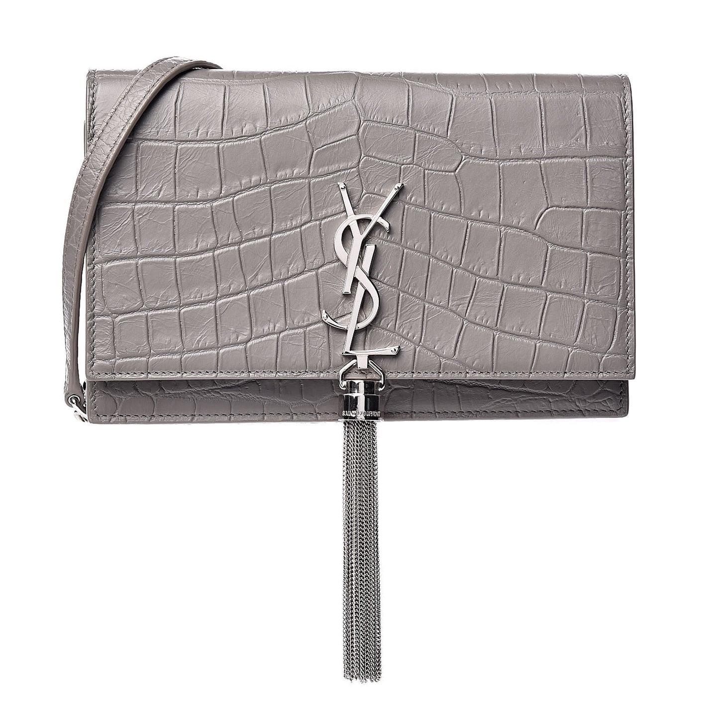Calfskin Crocodile Embossed Kate Monogram Tassel Chain Wallet Fog