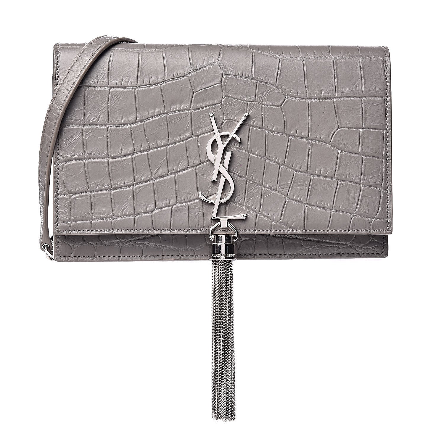 Saint Laurent Calfskin Crocodile Embossed Kate Monogram Tassel Chain Wallet Fog 1 of 10
