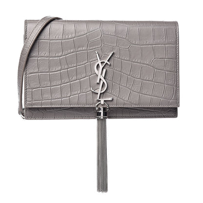 Saint Laurent Calfskin Crocodile Embossed Kate Monogram Tassel Chain Wallet Fog 1 of 10