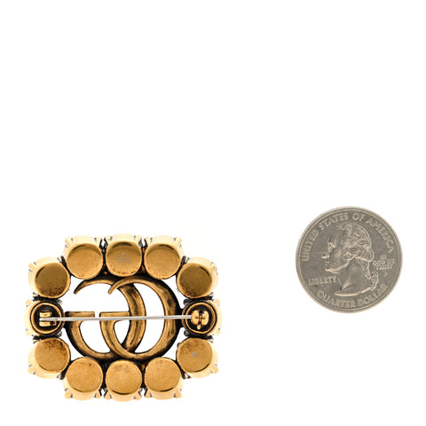 Metal Crystal Double G Brooch Aged Gold
