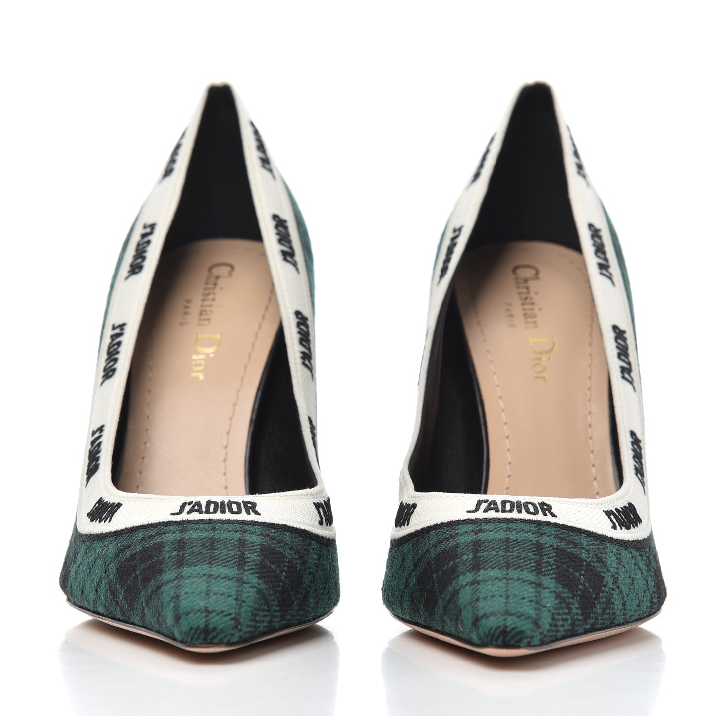 Canvas Ribbon Tartan Print Embroidered J'Adior 100mm Pumps 39 Black Green