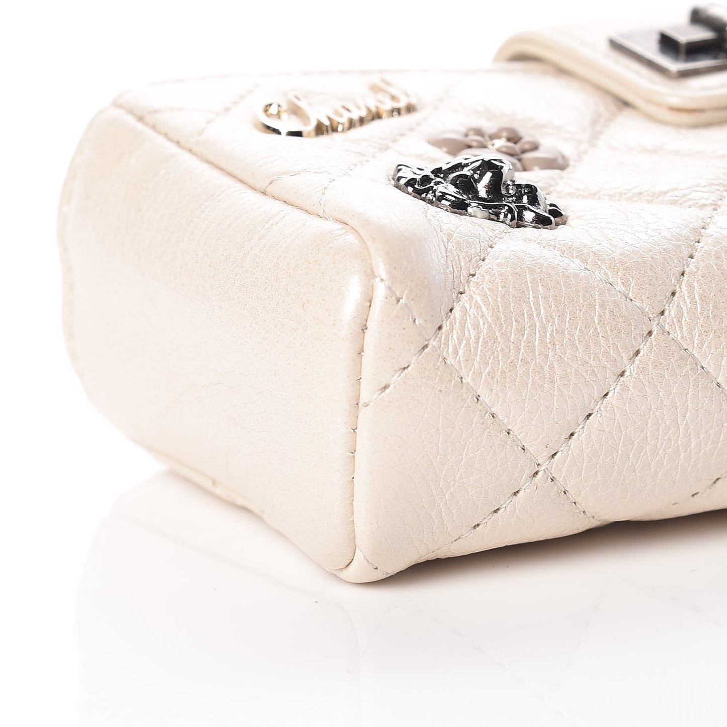 Metallic Calfskin Quilted Lucky Charms Mini Phone Holder Clutch Ivory