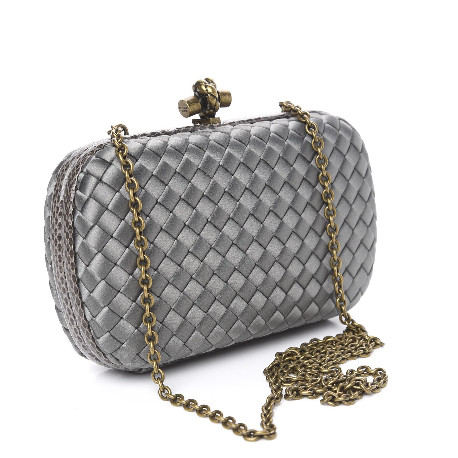 Bottega Veneta Satin Ayers Intrecciato Chain Knot Clutch Grey 2 of 8