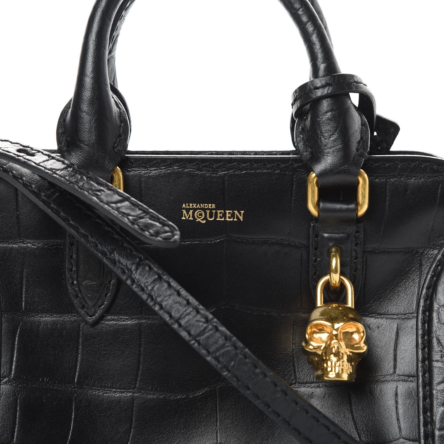 Alexander McQueen Calfskin Crocodile Embossed Mini Skull Padlock Zip Around Tote Black 9 of 17