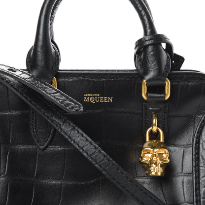 Alexander McQueen Calfskin Crocodile Embossed Mini Skull Padlock Zip Around Tote Black 9 of 17