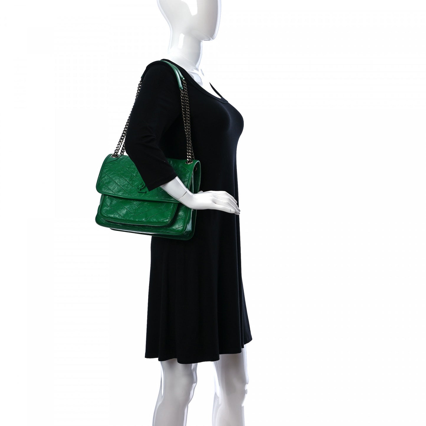 Crinkled Calfskin Matelasse Monogram Medium Niki Chain Satchel New Vert Praire