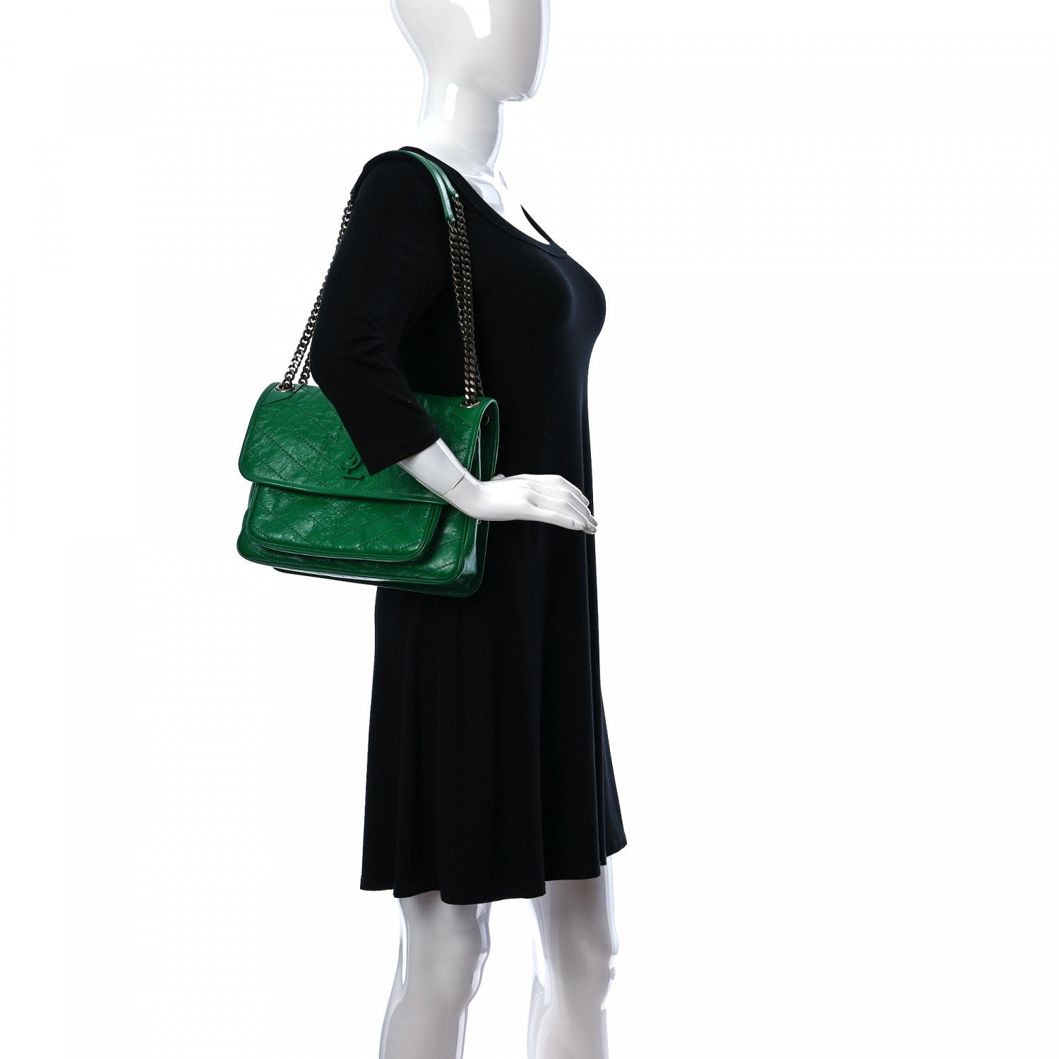 Saint Laurent Crinkled Calfskin Matelasse Monogram Medium Niki Chain Satchel New Vert Praire 2 of 10