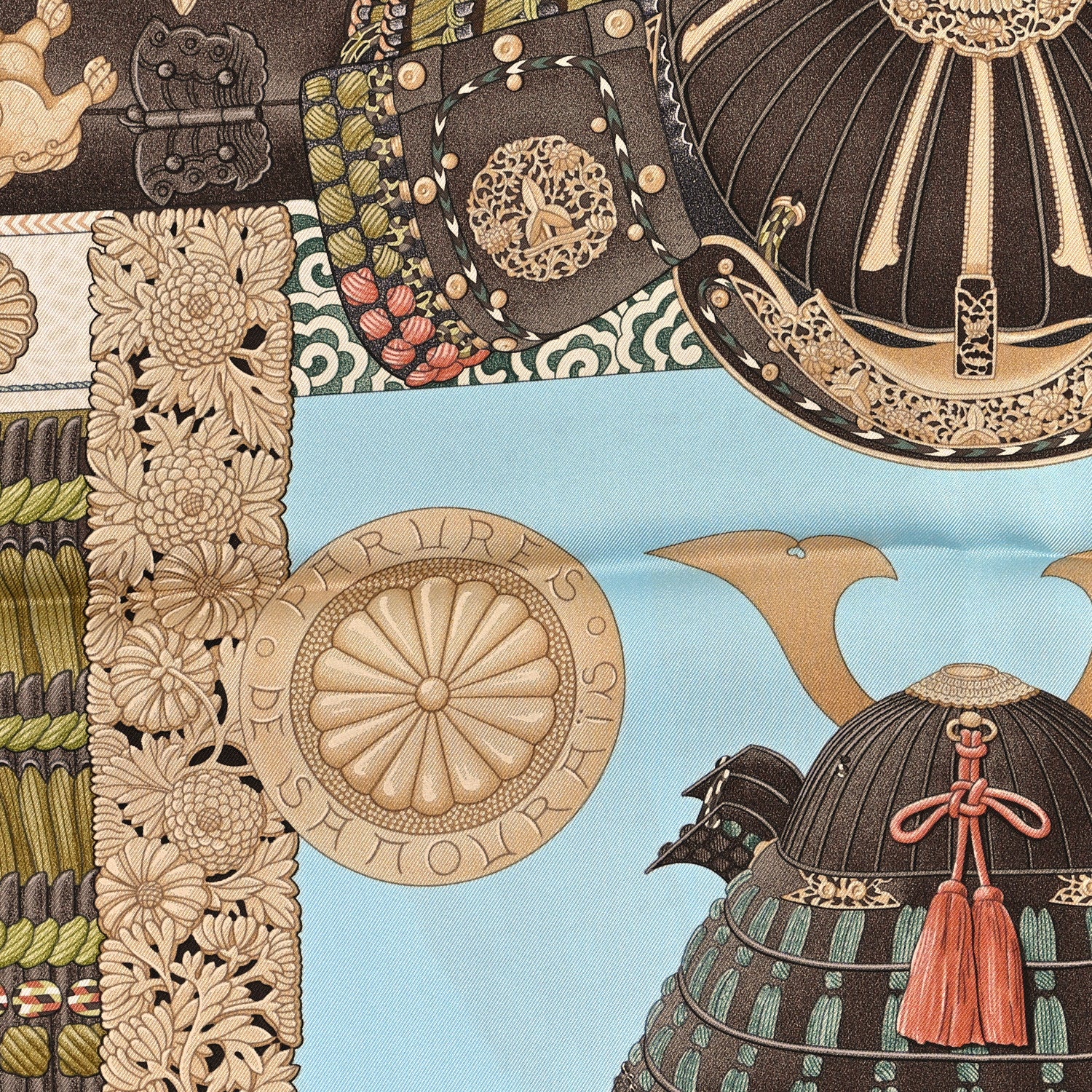 Hermes Silk Parures de Samourais Scarf 90 Bleu Ciel Vert Marron 4 of 4