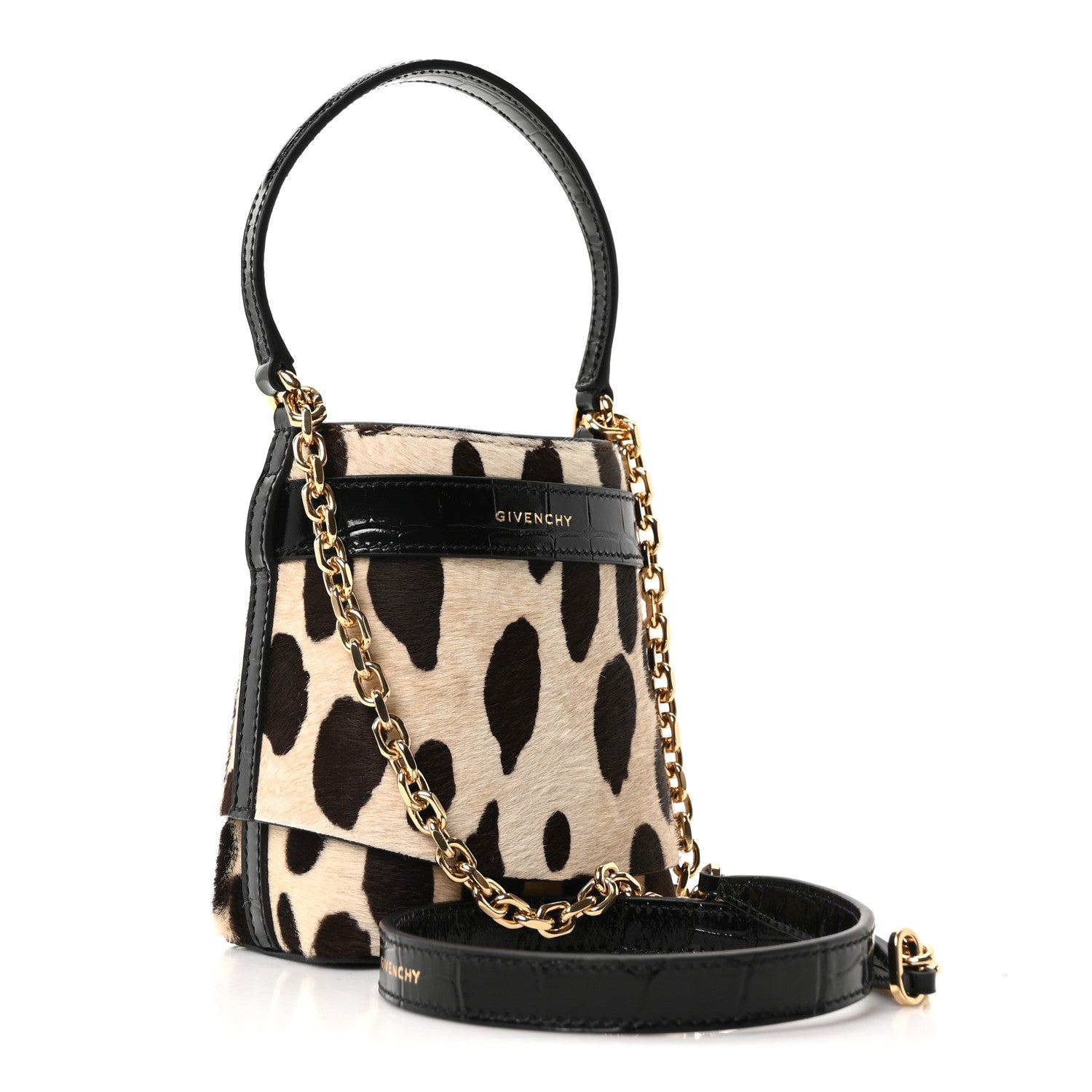 Givenchy Pony Calfskin Micro Leopard Print Shark Lock Bucket Bag Black Beige 3 of 10