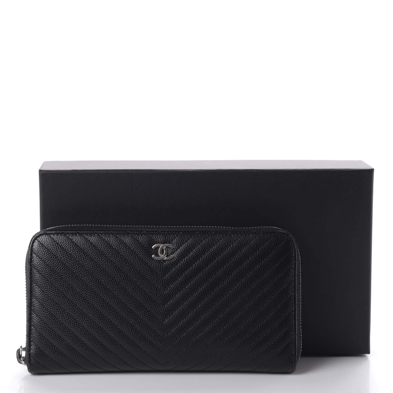 Chanel Caviar Chevron Quilted Large Gusset Zip Around Wallet Black 10 of 10