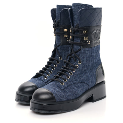 Chanel Denim Patent Lambskin Quilted CC Lace Up Combat Boots 36.5 Blue Black 3 of 8