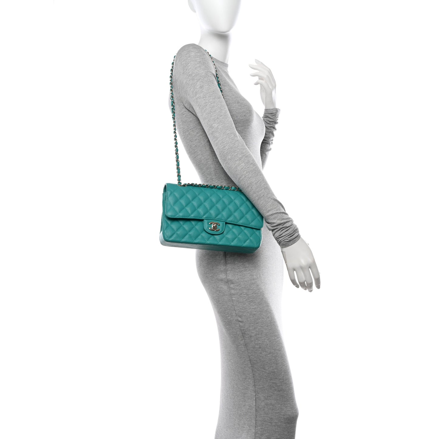 Caviar Quilted Medium Double Flap Turquoise
